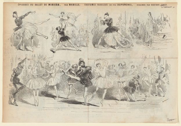 Eine Buchseite mit einer lebendigen Zeichnung einer Gruppe von Menschen, die im Einklang tanzen, begleitet von Text, der das Datum, die Uhrzeit und den Ort des Ereignisses beschreibt.