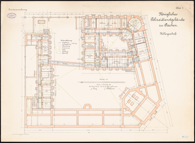 Black-and-white architectural floor plan of a multi-room building titled "Königliches Poliziecidienstgände zu Olachen" with accompanying text describing the layout.