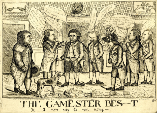 Ein historisches Illustration titled "The Gamester Bes-T or a New Way to Win Money," showing people playing a game with a dog nearby.
