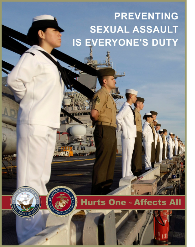 Plakat, das eine Gruppe von Menschen in weißen Uniformen und Mützen auf dem Deck eines Schiffes zeigt, mit einem Feuerlöscher im Vordergrund und dem Text "Verhinderung von sexueller Gewalt ist Pflicht aller - Einer tut weh, es betrifft alle".