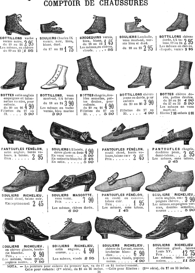 Eine Buchseite, die verschiedene Damenschuhe mit einzigartigen Designs zeigt, ordentlich mit sichtbaren Preisschildern und Details zur Größe, Form und Farbe.