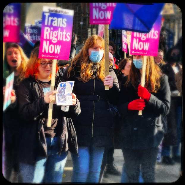 Eine Gruppe von Menschen auf einer Straße, einige tragen Masken und halten Schilder, andere halten Fahnen, darunter eine Frau und ein Mädchen mit Schildern mit der Aufschrift 'Trans-Rechte jetzt', mit einem Gebäude im Hintergrund.