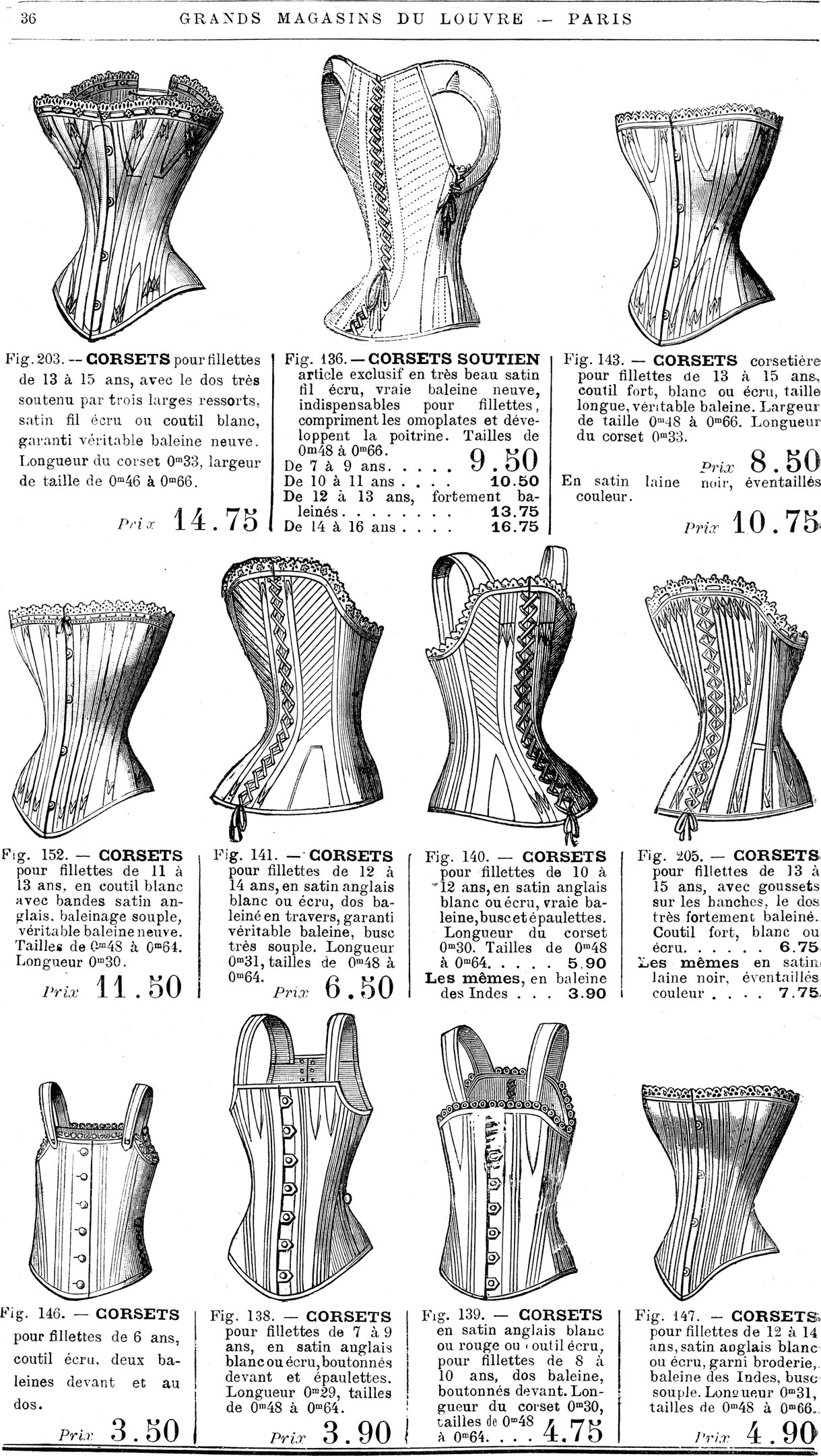Eine Seite aus einem Buch, die verschiedene Korsetts mit detaillierten Entwürfen, Maßen, Spitzen, Perlen und Stickerei zeigt, begleitet von beschreibendem Text.