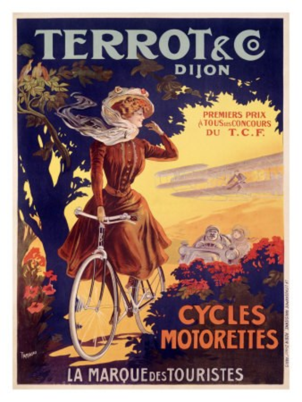 Ein Plakat, das eine Fahrradtour in Frankreich ankündigt und eine Frau zeigt, die ein Fahrrad unter Bäumen, Blumen und anderen Menschen fährt, mit Text, der die Tour beschreibt.