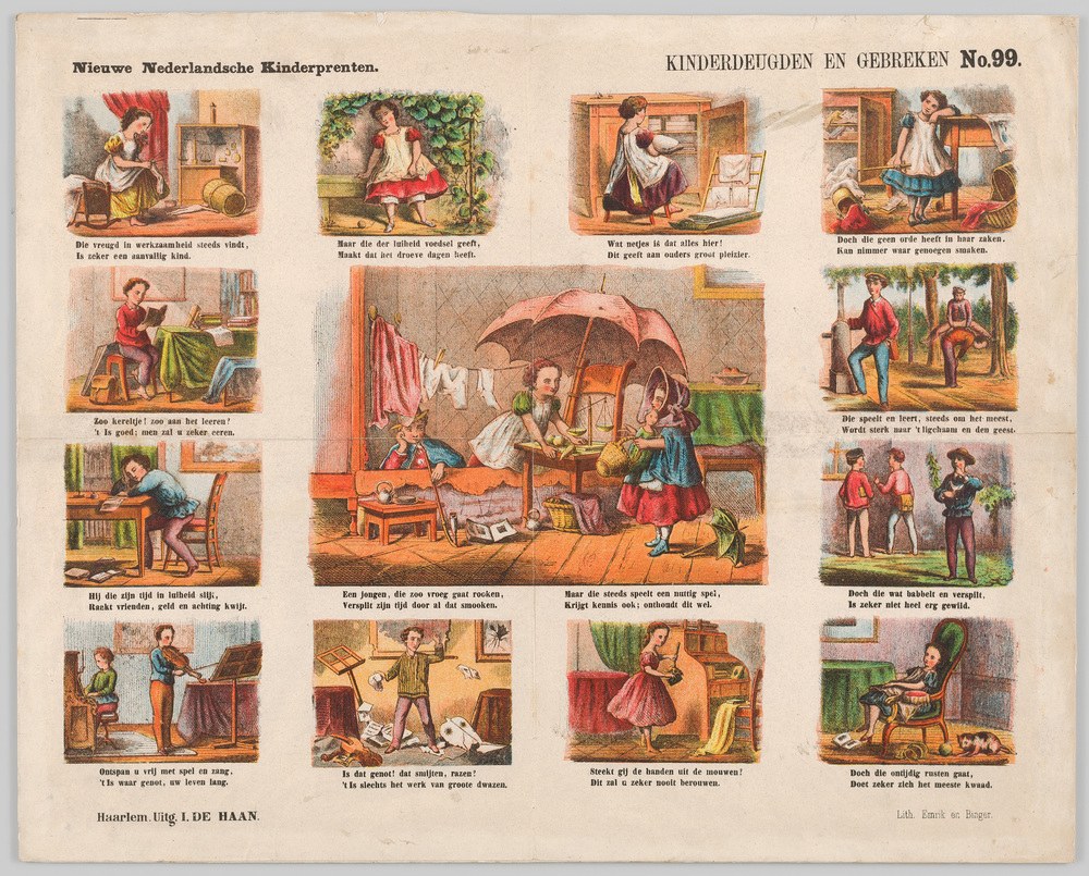 Ein altes Buch mit illustrierten Szenen von Kindern, die im sonnigen Garten spielen, mit Text auf den Seiten.