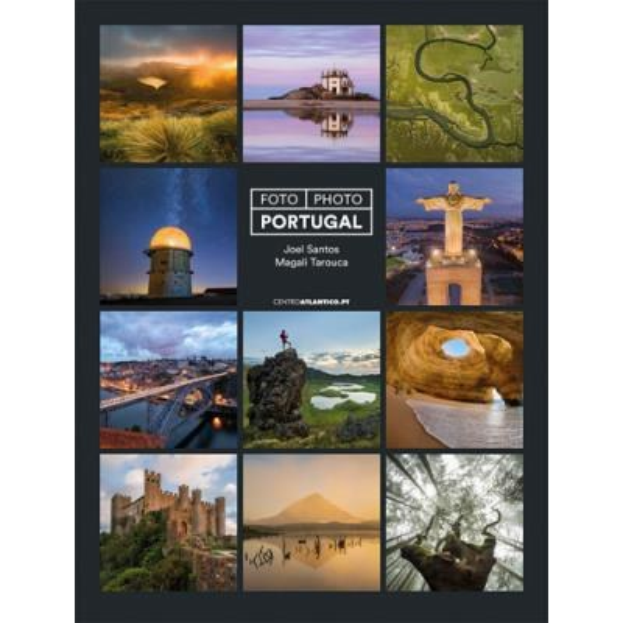 Collage-Plakat von Portugal mit Fotos von Sehenswürdigkeiten, Natur und Text über Attraktionen.