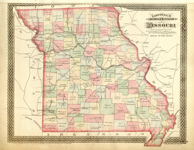 Alte Missouri-Karte mit Campbells County und Missouri-Eisenbahnkarte in der Mitte, umgeben von beschreibendem Text.