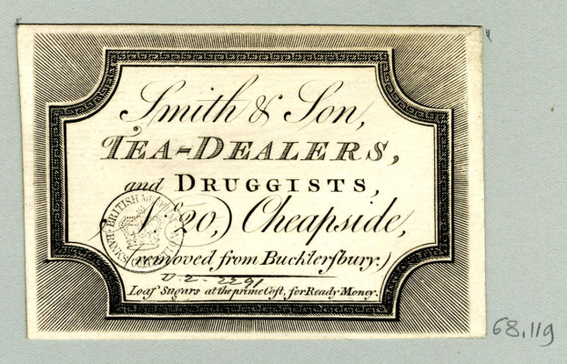 Papier mit gedrucktem Text, der 'Smith & Son Tea Dealers, and Drugists, 20 Cheapside' liest.