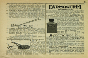 Altes Buchcover mit einer Flasche Farmogerm-Insektizid, das eine klare Flüssigkeit enthält, mit schwarzer, fetter 'Farmogerm'-Aufschrift auf dem Etikett, hellblauem Hintergrund und weißem Rand.