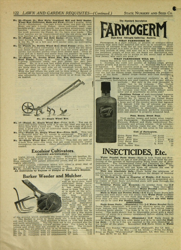 Altes Buchcover mit einer Flasche Farmogerm-Insektizid, das eine klare Flüssigkeit enthält, mit schwarzer, fetter 'Farmogerm'-Aufschrift auf dem Etikett, hellblauem Hintergrund und weißem Rand.