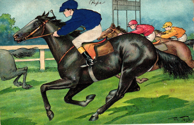 Gemälde, das drei Jockeys auf Pferden bei einem Rennen zeigt, mit einem Zaun, Bäumen und Himmel im Hintergrund und der Inschrift "Pferderennen" unten.