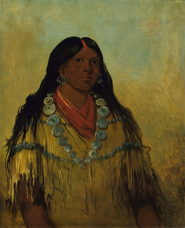 Ein Gemälde einer indianischen Frau in einer majestätischen Pose, die ein Kleid mit detaillierten Mustern und leuchtenden Farben trägt, ihr Haar ist zurückgebunden und ihr Blick in die Ferne gerichtet.