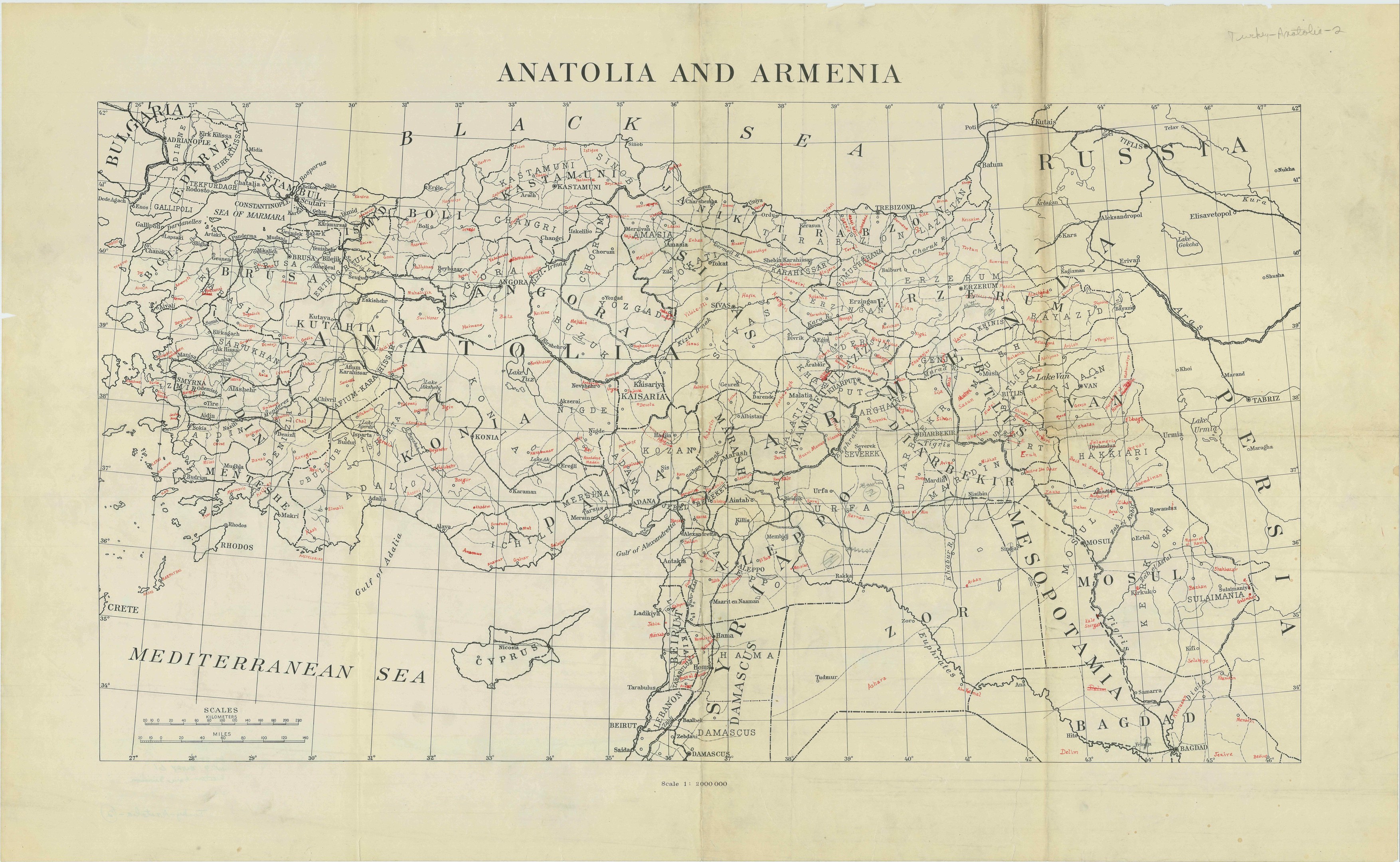 Detailierte Karte von Anatolien und Armenien auf Papier mit begleitendem Text, die geografische Merkmale wie Flüsse, Berge und Städte zeigt.
