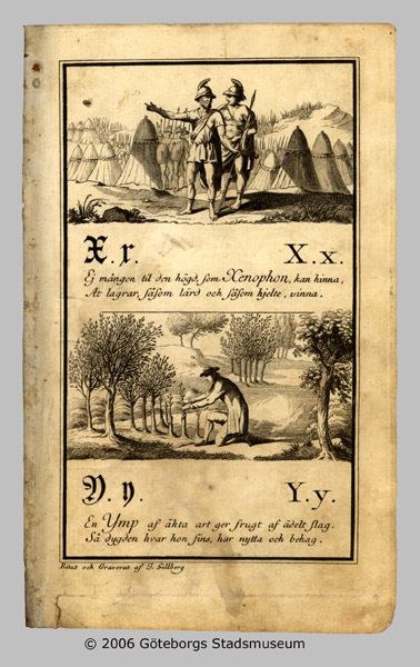 Old book cover featuring a man and woman in a battle stance, surrounded by trees and huts, with text reading "Göteborgs Stadmuseum, Stockholm, Sweden".