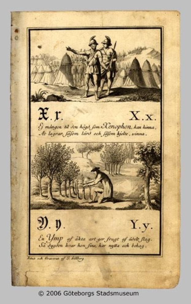 Old book cover featuring a man and woman in a battle stance, surrounded by trees and huts, with text reading "Göteborgs Stadmuseum, Stockholm, Sweden".