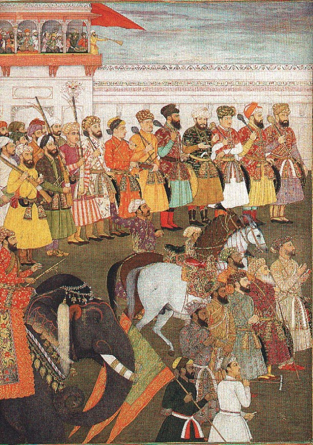 Gemälde, das bewaffnete Männer zu Pferd vor einem Gebäude zeigt, mit einer Fahne und Zuschauern im Hintergrund, wahrscheinlich eine Rajasthani-KriegsSzene.