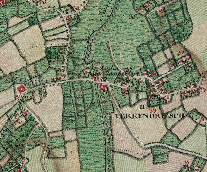 Old map of Verrendresch, Germany, with labeled streets, buildings, and features.