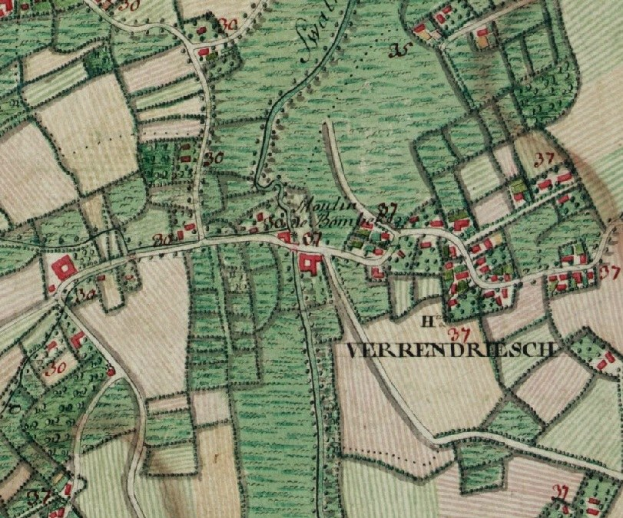 Old map of Verrendresch, Germany, with labeled streets, buildings, and features.