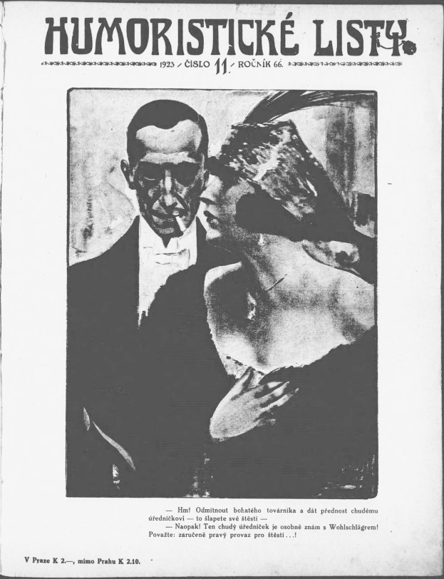 Schwarzes und weißes Magazin-Cover mit der Überschrift "Humoristische Liste", das einen Mann in einem Anzug mit ernster Miene und eine Frau zeigt, die leicht schmunzelnd wegsieht.