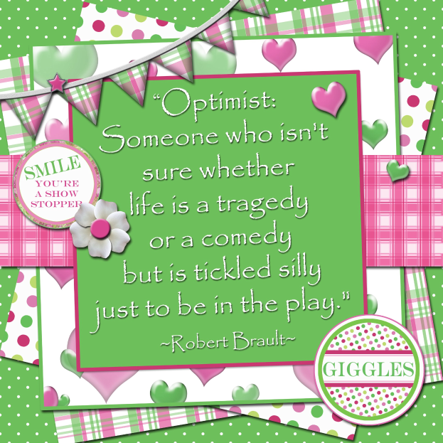 Plakat mit einem Zitat von Robert Brault über Optimismus, eingerahmt von dekorativen Flaggen und einer Blume.