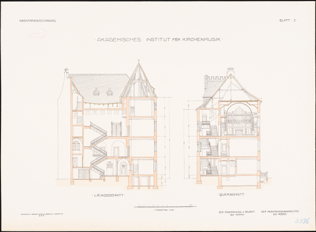 A detailed architectural drawing of a two-story stone building with a slanted roof, central staircase, and intricately framed windows, labeled as the Akademische Institut für Kirchenmusik.