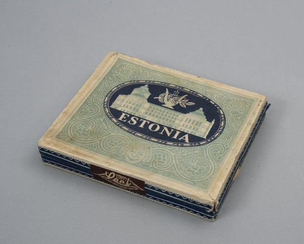 Ein blauer und grüner Kasten mit dem Wort "Estland" darauf, auf einer weißen Oberfläche platziert.