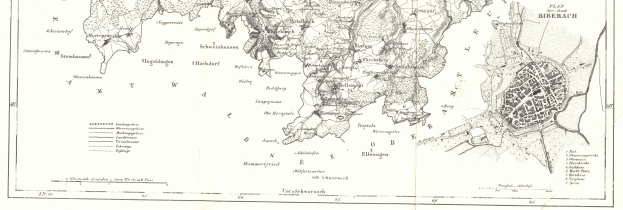 Detailed old map of Biberach, Germany, showing streets, buildings, and landmarks with accompanying text.