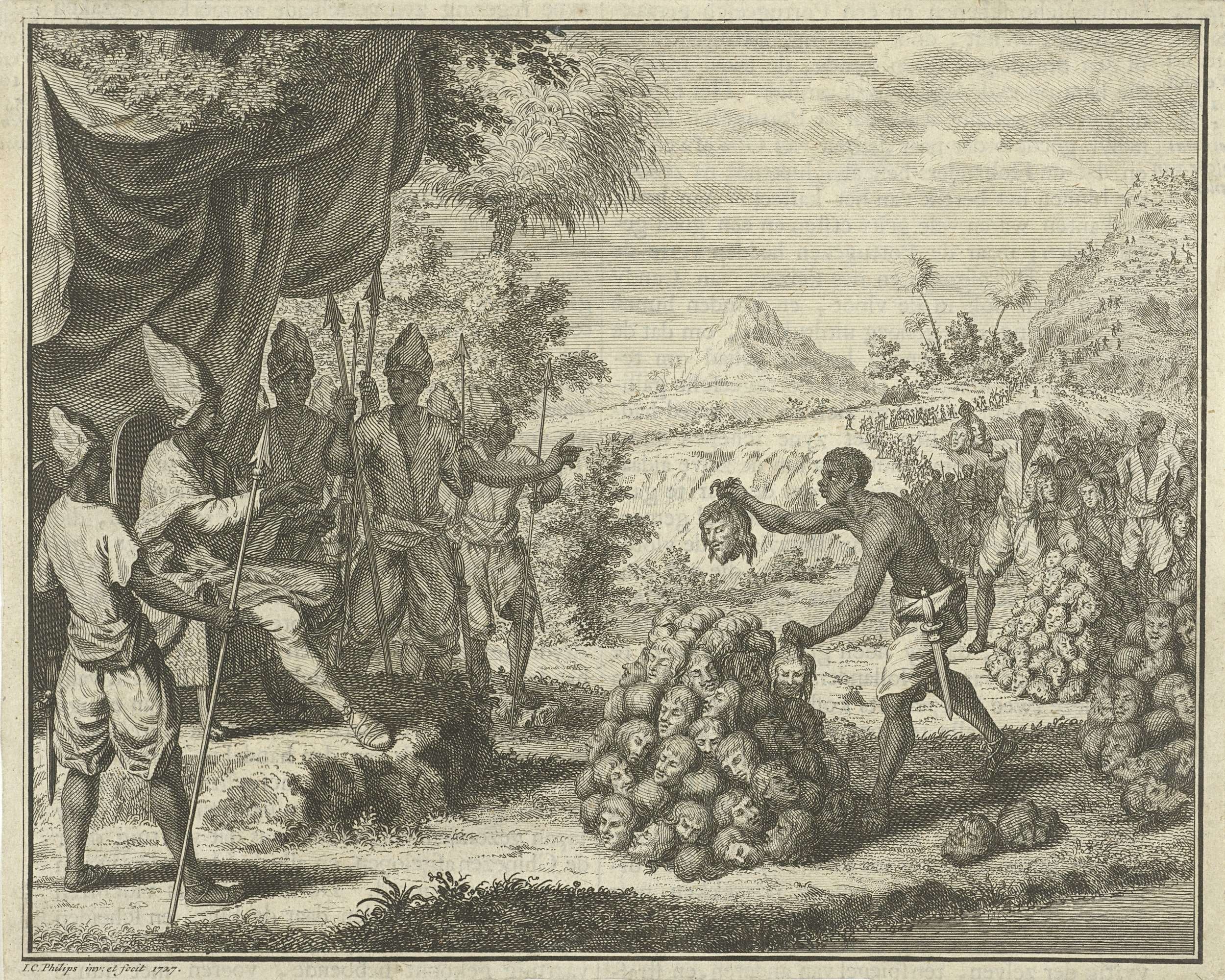 Eine Gruppe von Menschen, die um einen Haufen von Schädeln in einem bewaldeten Gebiet mit Bäumen, Hügeln und Wolken im Hintergrund und Text unten stehen.