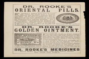 Eine alte Anzeige für Dr. Brooke's Oriental Pills mit fetter Schrift und einem kreisförmigen Logo mit weißem Hintergrund und blauem Rand.