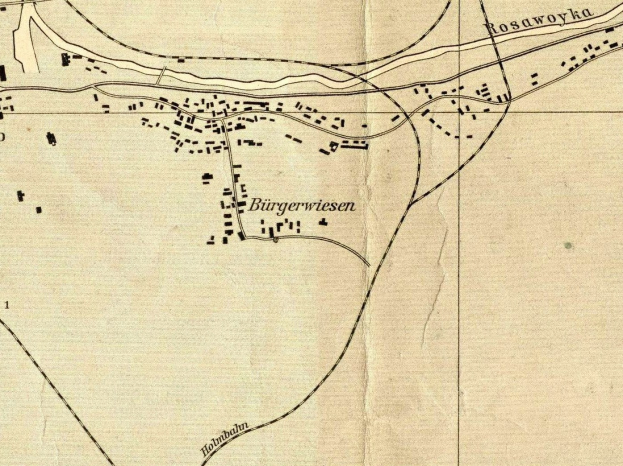 Schwarz-weiß-Karte von Burgerswiesen, Deutschland, markiert mit Standortdetails und Linien.