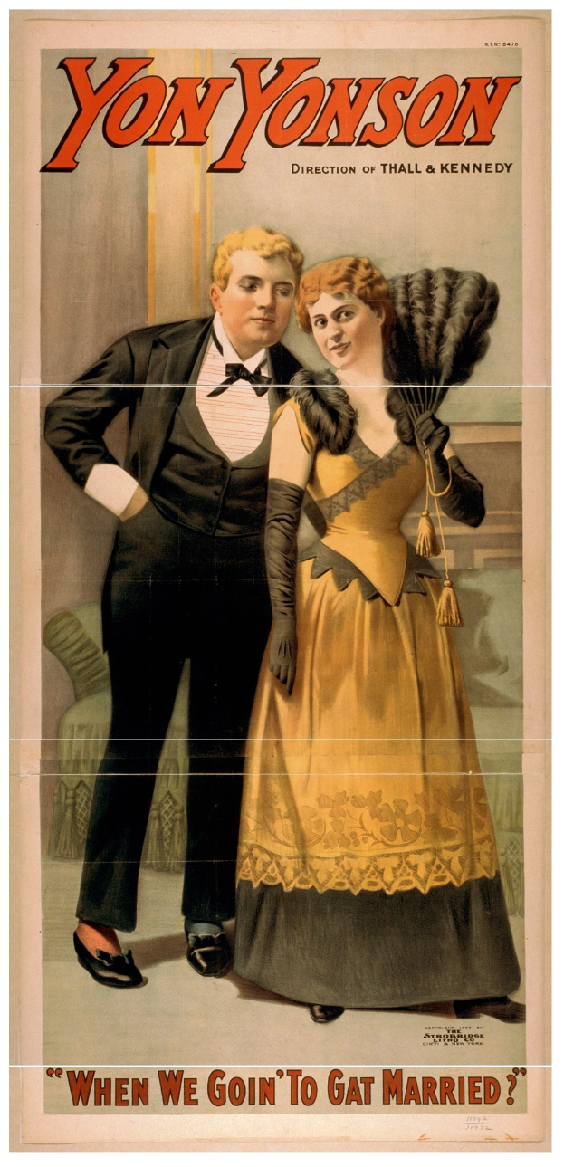 Ein Plakat mit einem Mann in einem schwarzen Blazer, weißem Hemd und schwarzen Hosen sowie einer Frau in einem gelben Kleid mit einem Fächer, mit der Aufschrift "Wann gehen wir heiraten?"