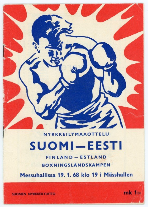 Ein Plakat mit einem Mann in einem Boxring, der ein weißes Hemd und schwarze Shorts trägt, mit erhobenen Fäusten und entschlossener Miene, begleitet von dem Wort 'Boxen'.