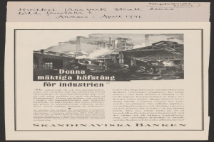 Alte Werbung für Skandinaviska Banken mit einem großen modernen Gebäude mit geneigtem Dach und Fenstern, mit großer Schrift, die die Dienstleistungen der Bank anpreist.