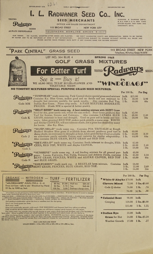 Eine alte Werbung für Radway's Seed Co. Inc. auf einem Stück Papier mit beschreibendem Text.