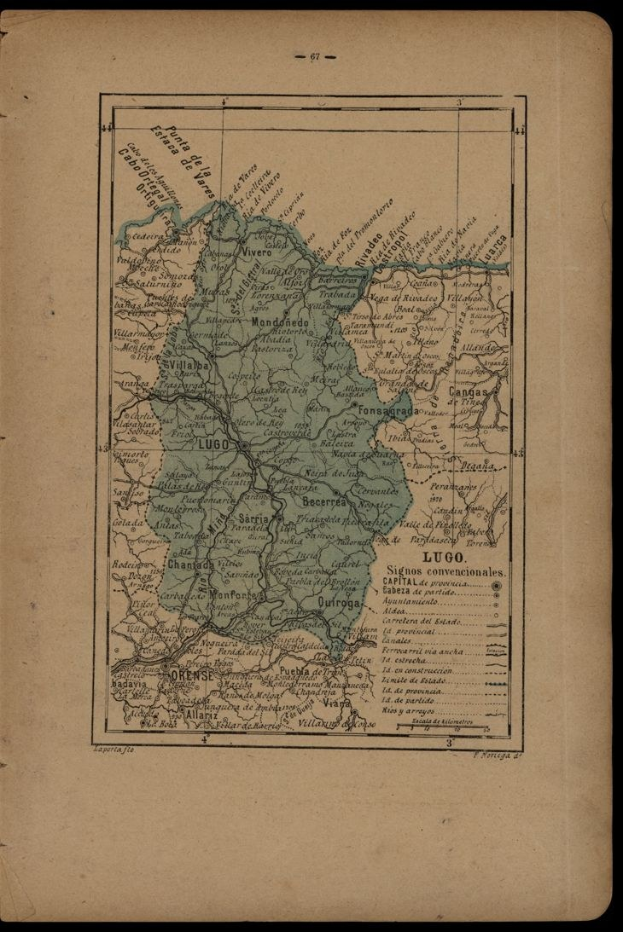 Eine detaillierte Karte der Provinzen und Städte Portugals auf einem alten Buch mit zusätzlichem Text.