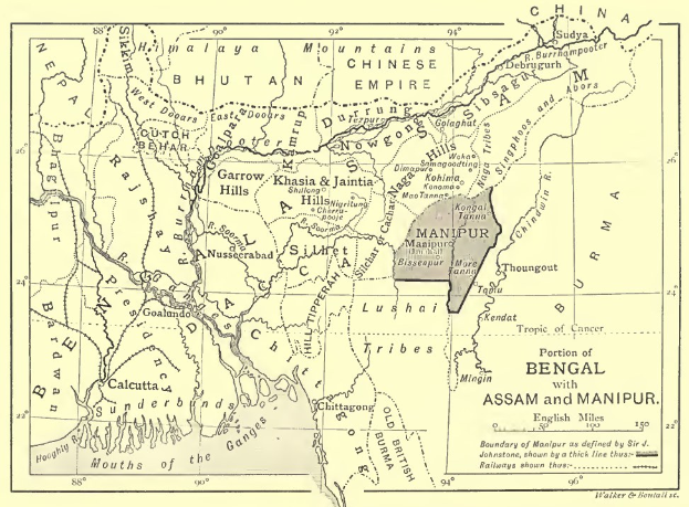 Detailierte Karte von Bengal, Assam und Manipur mit Städten, Dörfern, Flüssen und geografischen Merkmalen, begleitet von Texten über die Bevölkerung, Kultur und Geschichte der Region.