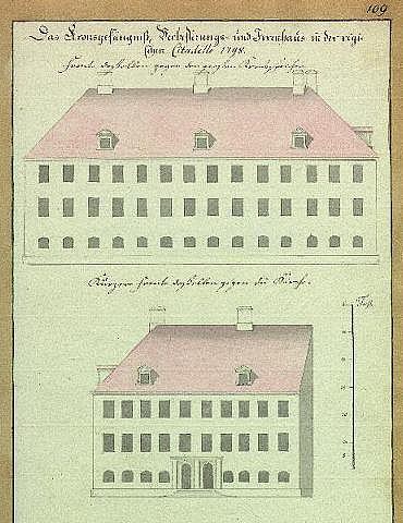 A drawing of the Schlossfrauenhaus, a 17th-century German school building with a red roof, accompanied by text.