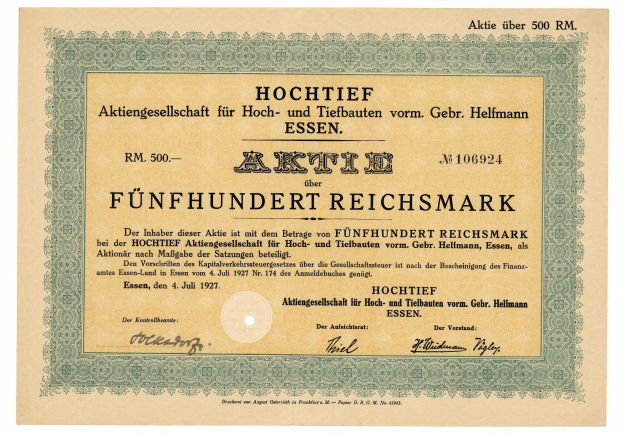 Ein altes deutsches Wertpapier mit einem grünen Rand und gedrucktem Text.