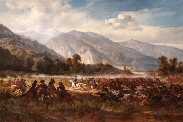 Ölgemälde mit dem Titel "Die Schlacht von San Juan de Gaztelugatxe", das eine Gruppe von Menschen zu Pferd in einer bergigen Landschaft mit Bäumen, Hügeln und einem bewölkten Himmel zeigt.