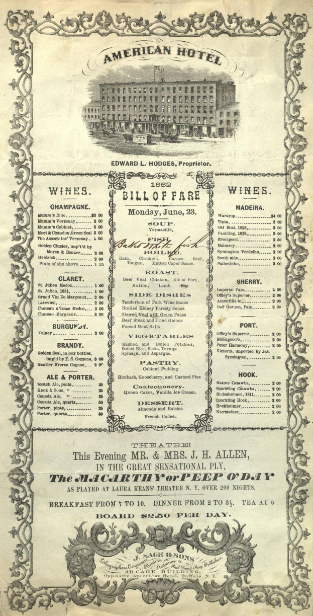 Altes Buch mit dem Titel 'American Hotel Bill of Fare von 1862' mit einer Illustration eines Gebäudes auf dem Cover, das Textliste der Restaurantangebote enthält.