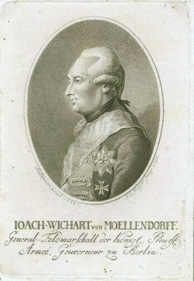 Engraving of Joach-Wichart von Moellendorff, a German Army General, in military uniform on a paper with text.