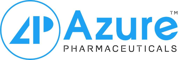 Logo von Azure Pharmaceuticals: schwarzer Schriftzug des Unternehmensnamens in einem blauen Kreis mit weißer Umrandung auf weißem Hintergrund.