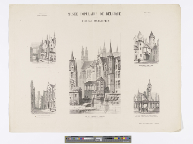 Black and white drawing of a cityscape featuring a museum among various buildings, with handwritten text on the paper.