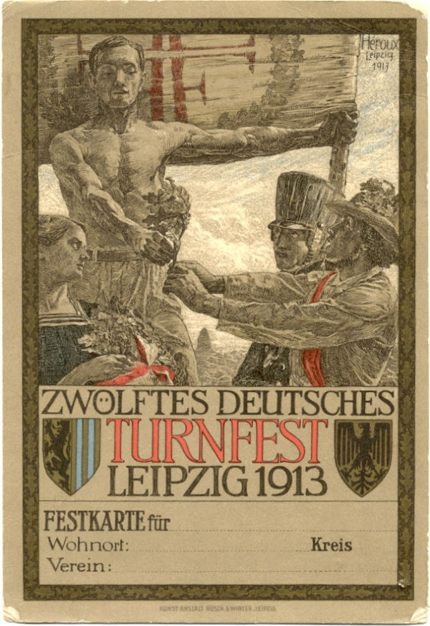 Poster for the Zwolffes Deutsches Turnfest Leipzig 1913 with a central group of people and text providing event details.