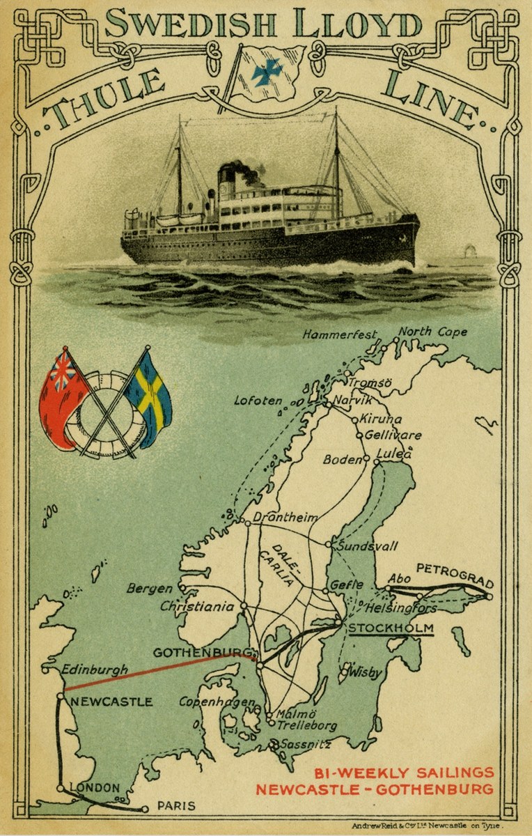 Poster with a map of the Swedish Lloyd Line, depicting a ship on water and two flags in the background, accompanied by text.