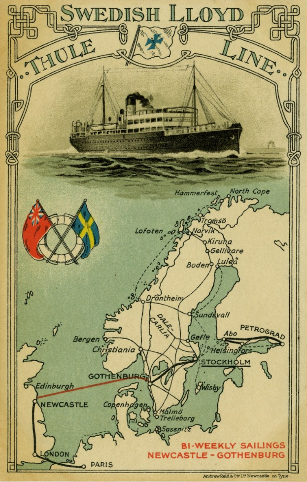 Poster with a map of the Swedish Lloyd Line, depicting a ship on water and two flags in the background, accompanied by text.