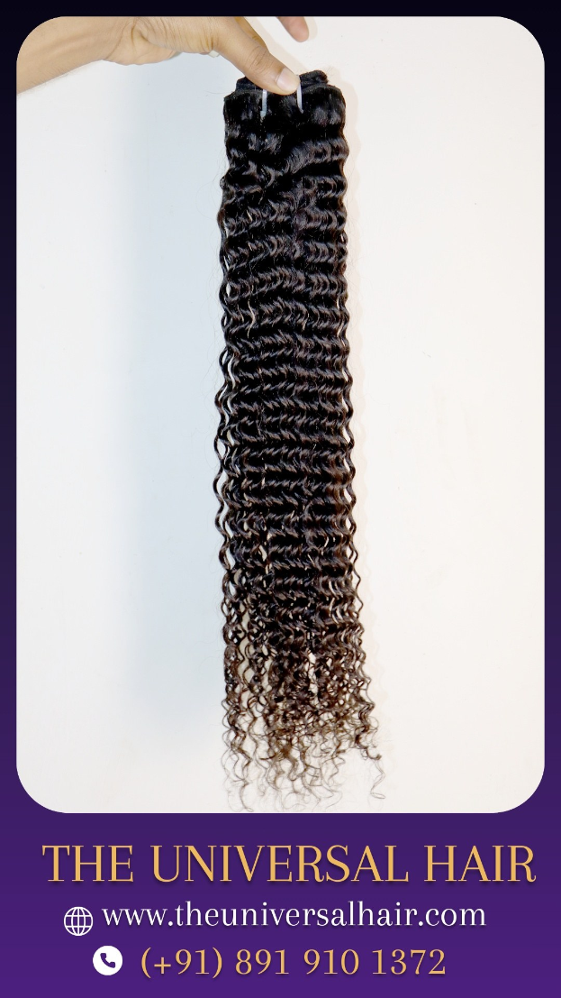 Poster mit einer menschlichen Hand, die ein Bündel tiefbrauner, natürlich lockiger brasilianischer Jungfrauen-Haarextensionen hält, mit dem Text "The Universal Hair" unten.