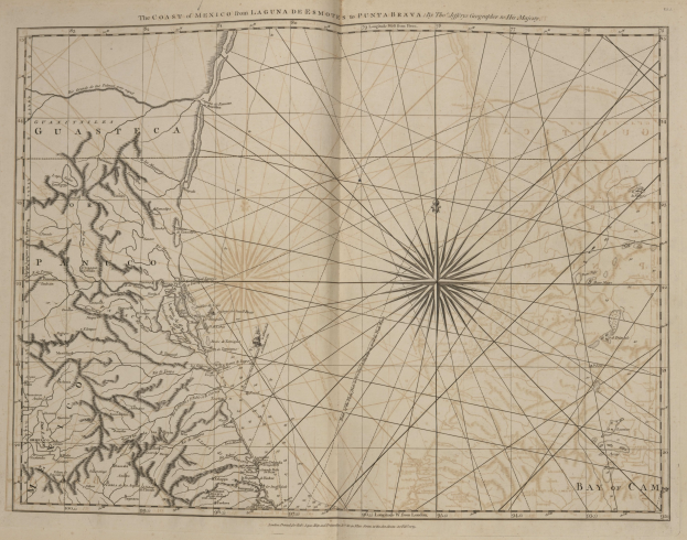 Altes Buch mit einer Vintage-Karte des Golfs von Mexiko, mit Linien und Text, die die Region detailreich darstellen.