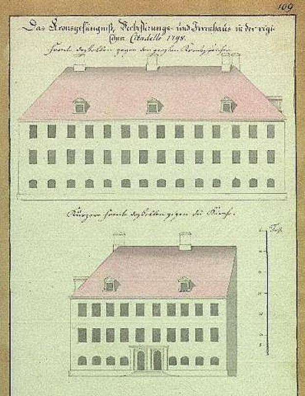 A drawing of a 17th-century German school building, the Schlossfrauenhaus, with a red roof, accompanied by text.