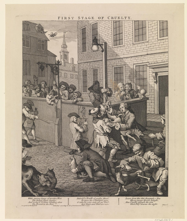 Gruppe von Menschen und Tieren versammelt sich vor einem Gebäude mit Fenstern und einer Straßenlaterne, mit dem Text "Erste Stufe der Grausamkeit" unten.